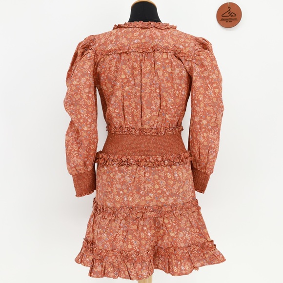 House of Harlow 1960 Wallis Rust Floral Smocked Dress Small Tiered Boho Prairie - Picture 3 of 10